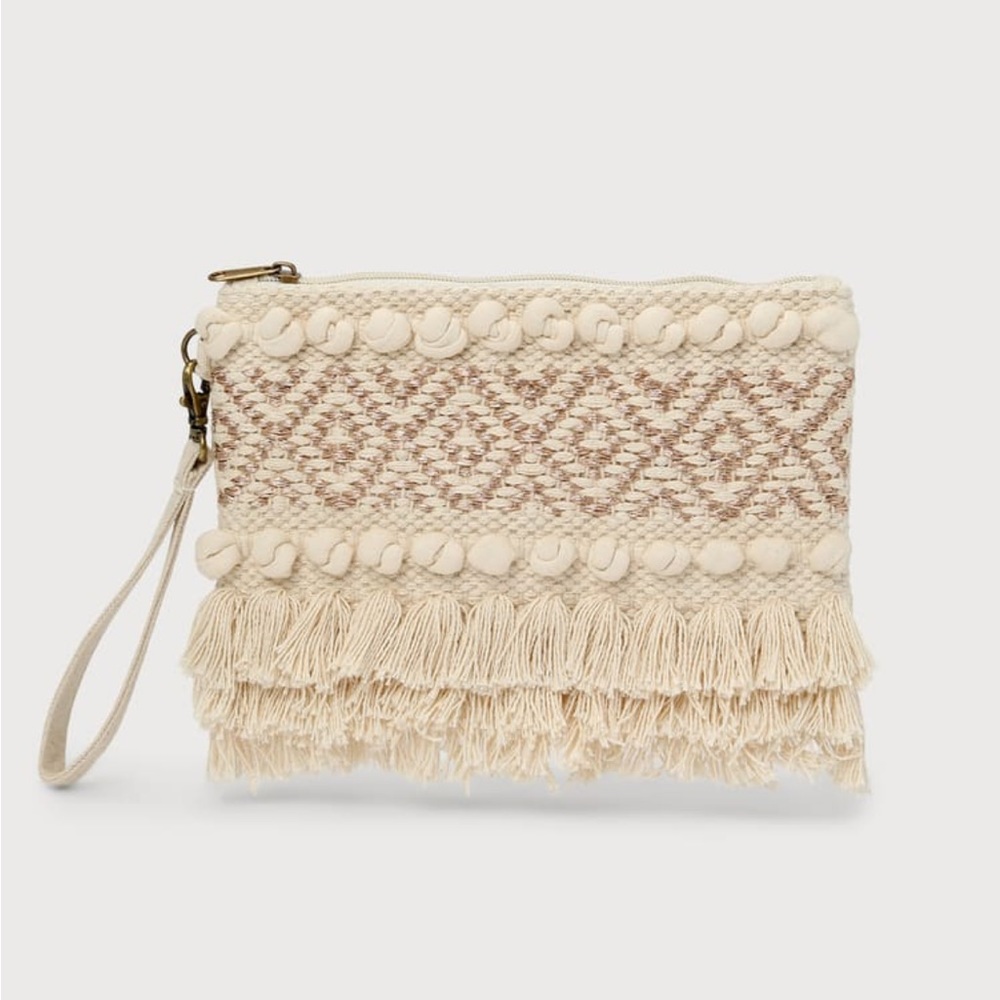 Boho Wishes Ivory Woven Fringe Clutch